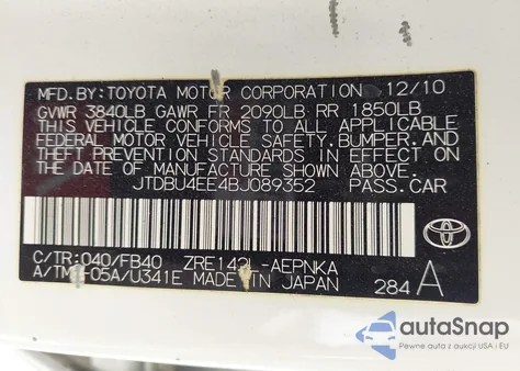 2011 Toyota Corolla Le from USA, damaged, VIN JTDBU4EE4BJ089352